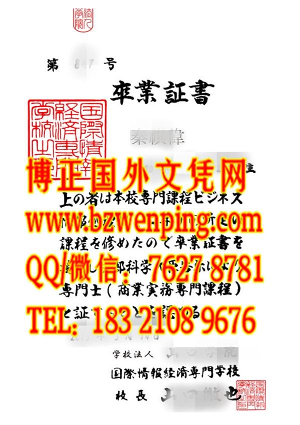 日本国际情报经济专门学校卒业证书，日本国际情报经济专门学校学位记模版